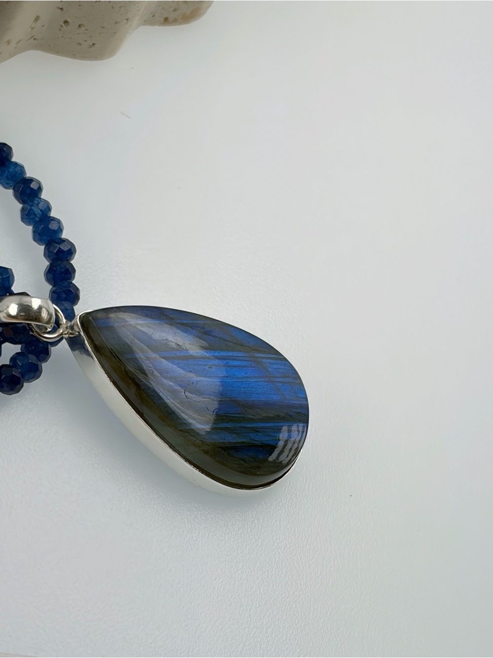 Pure Sterling Silver 925 Chunky Blue Labradorite Pendant Sapphire Necklace New - Picture 6 of 12